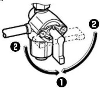 Diagram of a mechanical device with numbered parts and curved arrows indicating motion or sequence.
