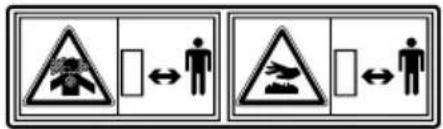 Two safety warning signs showing pollution and human figures, with arrows indicating bidirectional communication.