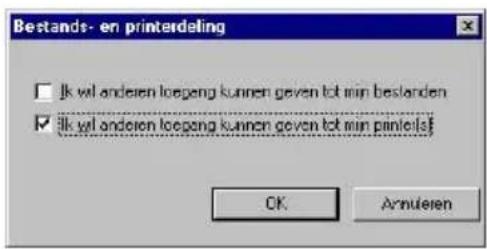 Bestands- en printerdeling □ Ik wil anderen loopeng kunnen geven tot min bestanden ☑ Ik wil anderen loopeng kunnen geven tot min printerels? OK Amnemen