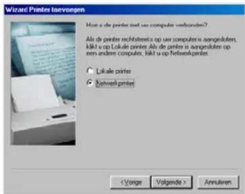 Wizard Printer toVoegen How u de printer met uw computers voorboden? Als de printer richtsteels op uw computers oangesloten, kikt u op Lokale printer. Als de printer is oangesloten op een andere computers, kikt u op Netwerkprinter. Lokale printer Netwerkprinter Annulero