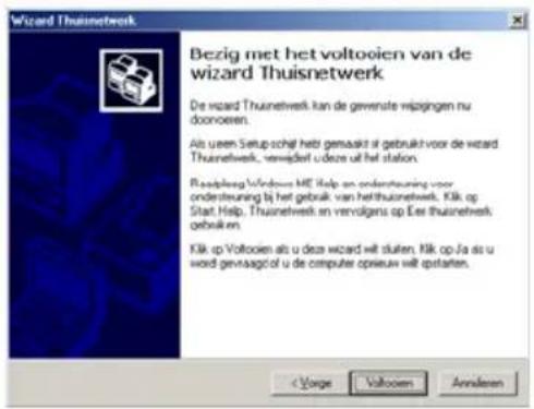 Wizard Thuisnetwerk Bezig met het voltooien van de wizard Thuisnetwerk De hazard Thuisnetwerk kan de gewinnete wijzgingen nu doonoeren. Als uwen Setup schaf hett gemaakt af gebruikt voor de wizard Thuisnetwerk, verwapelt udeze uit het station. Rasplieg Windows ME Help en ondersteuning voor ondersteu…