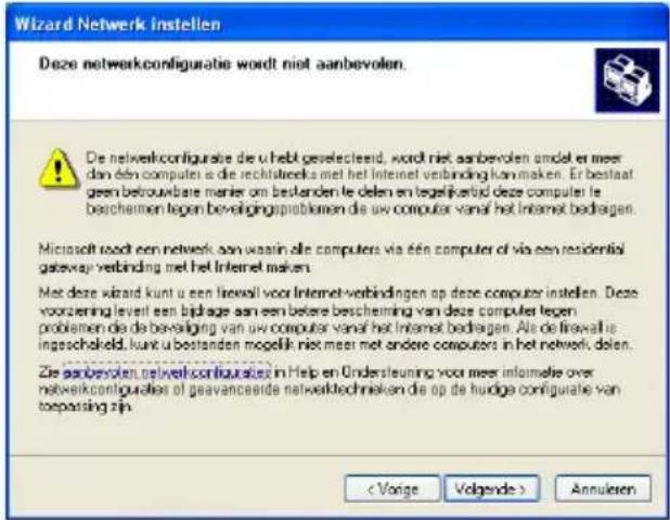 Wizard Netwerk instellen Deze netwerkconfiguratie wordt niet aanbevolen. De netwerkconfiguratie die u hebt gezeichnet, wordt niet aanbevolen omdat er meer dan één computes a die rechtsteekte met het Internet verbinding kan maken. Er bestaat geen betrouwbaar manier om bestanden le delen en tegelijkhe…