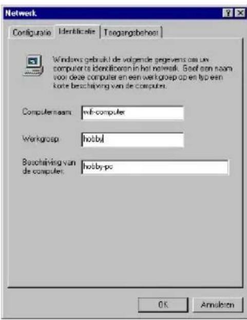 Netwerk Configuratie Identificatie Toegangsbehest Windows gebruik de volgende gegevens om uw computer te identificaten in het network. Geef een naam voor deze computer en een werkgroep op en typ een korte beschrijving van de computer. Computer naam: wifi-computer Workgroep: hobbyl Beschrijving van d…
