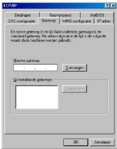 TCP/IP Bindingen Geavanceerd NetBIOS DNS-configuratie Gateway WINS-configuratie IP-adres De eerste gateway in de list Geinstallseerde gateways is de standard-gateway. De adiesvalgorde in de list is de volgorde waarin deze machines worden gebruikt. Nieuwe gateway: Ievoegen Ge installseerde gateways:…