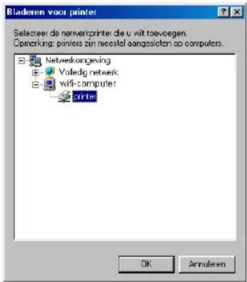 Bladeren voor printer Selecteer de netwerkprinter die u wit toevoegen. Opmarking: printers zin neoslal aangesloten op computers. Netwerkongeving Valedig netwerk wifi-computer printer OK Annularen