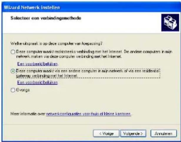 Wizard Netwerk Instellen Selecteer een verbindingsmethode Welke ukspraak is op deze computer van toepassing? ○ Deze computer modek rechtssteeks verbinding met het Internet. De andere computers in mijn netwerk maken via deze computer verbinding met het Internet. Een voorbeekt belaken ○ Deze computer…