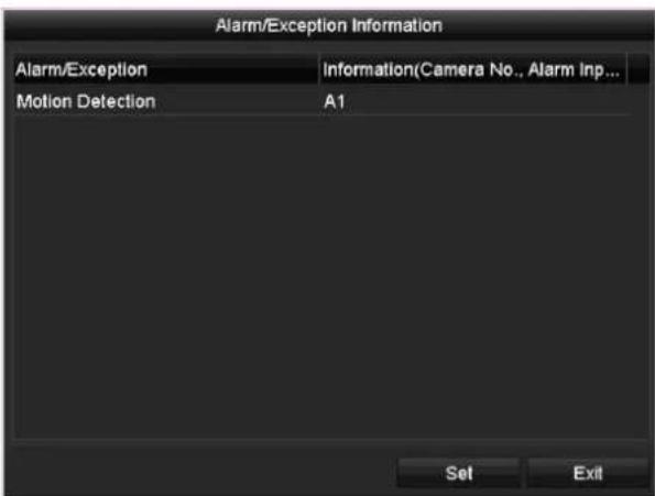 Alarm/Exception Information Alarm/Exception Information/Camera No., Alarm Inp... Motion Detection A1 Set Exit