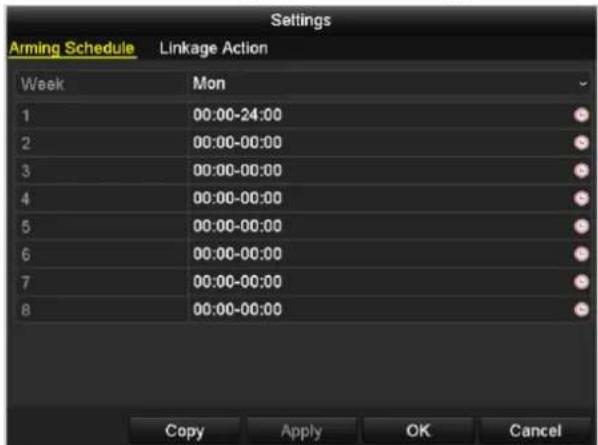 Settings Arming Schedule Linkage Action Week Mon 1 00:00-24:00 2 00:00-00:00 3 00:00-00:00 4 00:00-00:00 5 00:00-00:00 6 00:00-00:00 7 00:00-00:00 8 00:00-00:00 Copy Apply OK Cancel