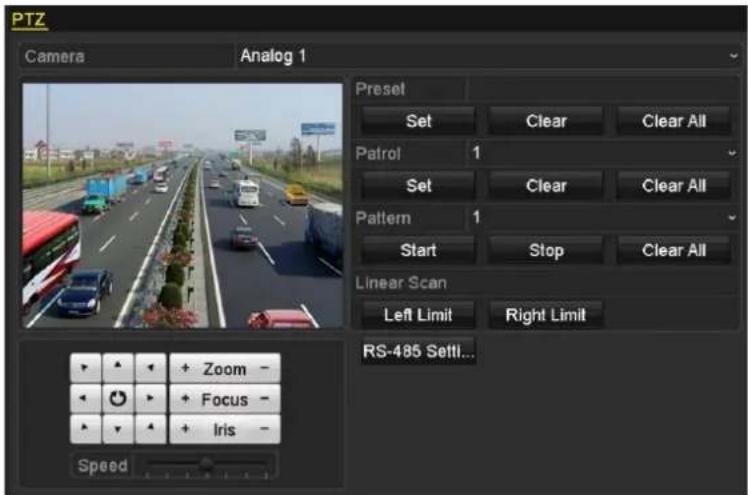 PTZ Camera Analog 1 Preset Set Clear Clear All Patrol 1 Set Clear Clear All Pattern 1 Start Stop Clear All Linear Scan Left Limit Right Limit RS-485 Setti... + Zoom - + Focus - + Iris - Speed