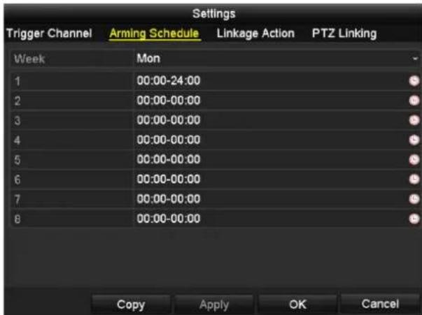 Settings Trigger Channel Arming Schedule Linkage Action PTZ Linking Week Mon 1 00:00-24:00 2 00:00-00:00 3 00:00-00:00 4 00:00-00:00 5 00:00-00:00 6 00:00-00:00 7 00:00-00:00 8 00:00-00:00 Copy Apply OK Cancel