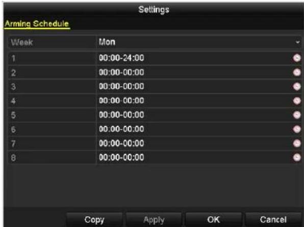 Settings Arming Schedule Week Mon 1 00:00-24:00 2 00:00-00:00 3 00:00-00:00 4 00:00-00:00 5 00:00-00:00 6 00:00-00:00 7 00:00-00:00 8 00:00-00:00 Copy Apply OK Cancel