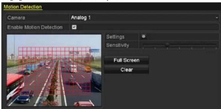 Motion Detection Camera Analog 1 Enable Motion Detection Settings Sensitivity Full Screen Clear