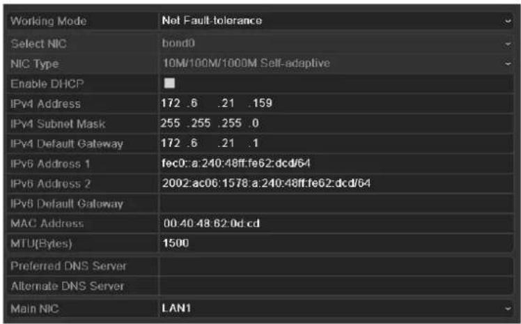 Working Mode Select NIC NIC Type Enable DHCP IPv4 Address IPv4 Subnet Mask IPv4 Default Gateway IPv6 Address 1 IPv6 Address 2 IPv6 Default Gateway MAC Address MTU(Bytes) Preferred DNS Server Alternate DNS Server Main NIC Not Fault-tolerance bond0 10M/100M/1000M Self-adaptive 172 .6 .21 .159 255 .255…