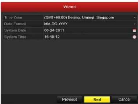 Wizard Time Zone (GMT+08:00) Beijing, Unmqi, Singapore Date Format MM-DD-YYYY System Date 06-24:2011 System Time 16:18:12 Previous Next Cancel