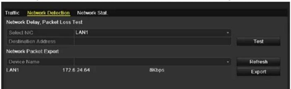 Traffic Network Detection Network Stat. Network Delay, Packet Loss Test Select NIC LAN1 Destination Address Test Network Packet Export Device Name LAN1 172.6 24 64 8Kbps Refresh Export