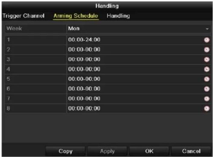 Handling Trigger Channel Arming Schedule Handling Week Mon 1 00:00-24:00 2 00:00-00:00 3 00:00-00:00 4 00:00-00:00 5 00:00-00:00 6 00:00-00:00 7 00:00-00:00 8 00:00-00:00 Copy Apply OK Cancel