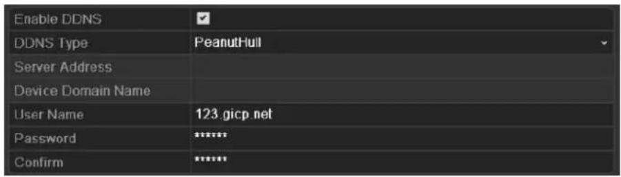 Enable DDNS DDNS Type PeanutHull Server Address Device Domain Name User Name 123.gicp.net Password ****** Confirm