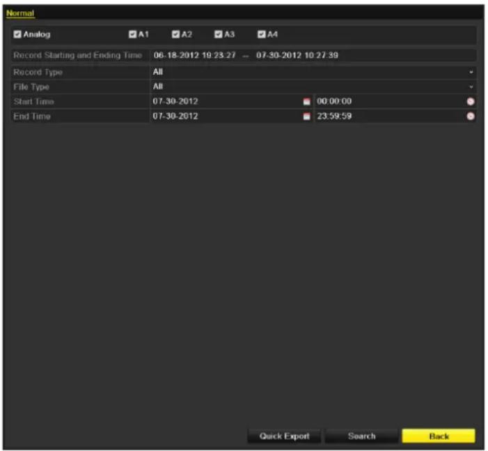 Normal Analog A1 A2 A3 A4 Record Starting and Ending Time 06-18-2012 19:23:27 -- 07-30-2012 10:27:39 Record Type All File Type All Start Time 07-30-2012 00:00:00 End Time 07-30-2012 23:59:59 Quick Export Search Back