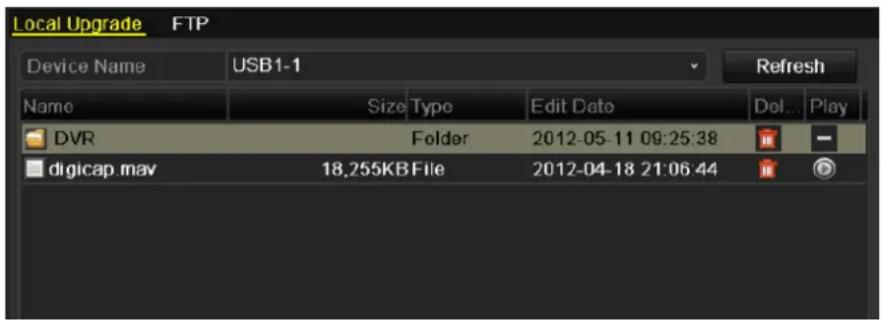Local Upgrade FTP Device Name USB1-1 Refresh Name Size Type Edit Date Del... Play DVR Folder 2012-05-11 09:25:38 digicap mav 18,255KB File 2012-04-18 21:06:44