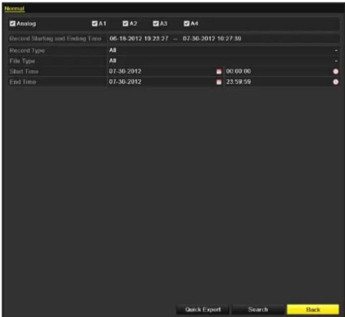 Record Starting and Ending Time 06-18-2012 19:23:27 - 07:30-2012 10:27:39 Record Type All File Type All Start Time 07-30-2012 00:00:00 End Time 07-30-2012 23:59:59 Quick Export Search Back
