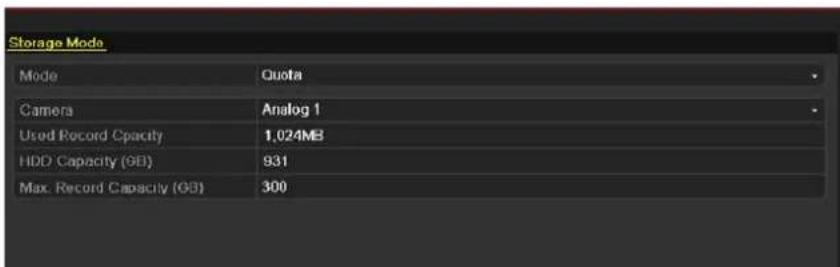 Storage Mode Mode Quota Camera Analog 1 Used Record Capacity 1,024MB HDD Capacity (GB) 931 Max. Record Capacity (GB) 300