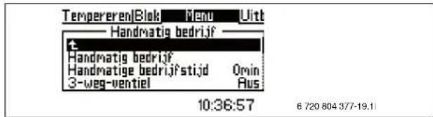 Tempereren\Blok Menu Uitt Handmatig bedrijf Handmatig bedrijf Handmatige bedrijf\nstijd Omin 3-weg-ventiel Aus 10:36:57 6 720 804 377-19.11