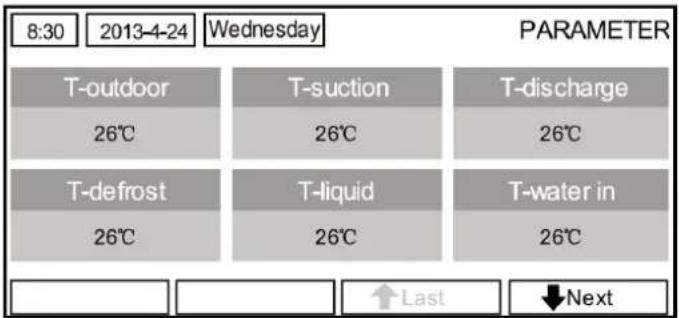 8:30 2013-4-24 Wednesday PARAMETER T-outdoor T-suction T-discharge 26°C 26°C 26°C T-defrost T-liquid T-water in 26°C 26°C 26°C Last Next