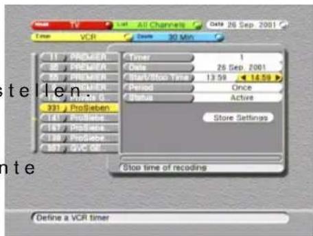 All Channels Date 26 Sep 2001 Time VCR Zays 30 Min 11 PREMIER Timer 1 25 PREMIER Date 28 Sep 2001 25 PREMIER Start/Stop Time 13:59 14:59 PREMIER Period Once 30 ProSaber Status Active 31 ProSaber Store Settings 14 ProSaber Stop Time of recodins 15 ProSaber Stop Time of recodins 16 ProSaber Stop Time of recodins 17 ProSaber Stop Time of recodins Store Settings Define a VCR timer