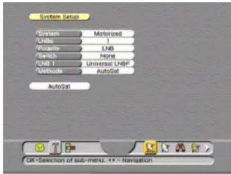 System Setup System Motorized LHs 1 Polarity LNB Switch None LHB 1 Universal LNBF Methode AutoSat AutoSat OK-Selection of sub-menu. 44 - Navigation