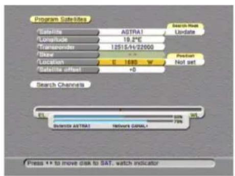 Program Satellites Satellite ASTRA1 Update Conatitude 19.2°E Transgender 12515/4-22000 Skew Location E 1680 W Satellite offset +D Search Hues Product Not set Search Channels EL Satellite ASTRA1 Networks CAPAL Wt 75% Press ++ to move disk to SAT, watch indicator