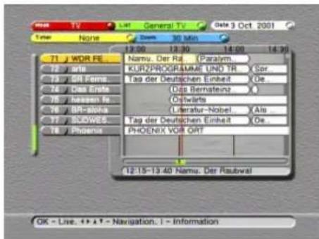 TV General TV Date 3 Oct. 2001 Timer None Down 30 Min 13:00 13:30 14:00 14:30 71 WDR FE 12 y arte 15 BR Pema 16 Das Erste 17 Nahen to 18 BR-SMA 19 NOSWES 20 Phoenix 12:15-13:40 Namu. Der Raubwal KURZPROGRAMME UNO TR Tag der Deutschen Einheit Das Bernsteinz Othwarts Literatur-Nobel Aus Tag der Deutschen Einheit Phoenix VOR ORT OK - Live, ↔ A T - Navigation, I - Information