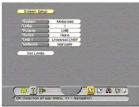 System Setup System Motorized LNB 1 Polarity LNB Switch None LNB 1 Universal LNBF Methods Manually Set Limits OK-Selection of sub-menu. navigation