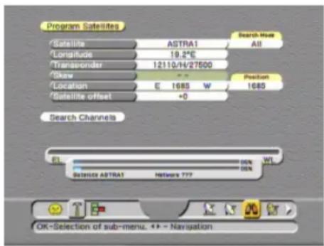 Program Satellites Satellite ASTRA1 All Longitude 19.2°E Transponder 12110/14/27500 Show + - Location E 1685 W 1680 Satellite offset +0 Search Channels BL Network 777 WT Satellite ASTRA1 OK-Selection of sub-menu. ++ - Navigation