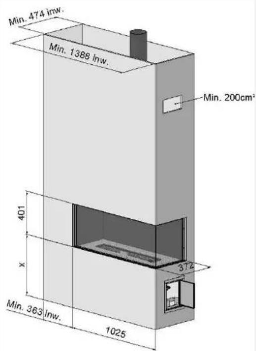 Min. 474 inw. Min. 1388 inw. Min. 200cm² 401 x 372 Min. 363 inw. 1025