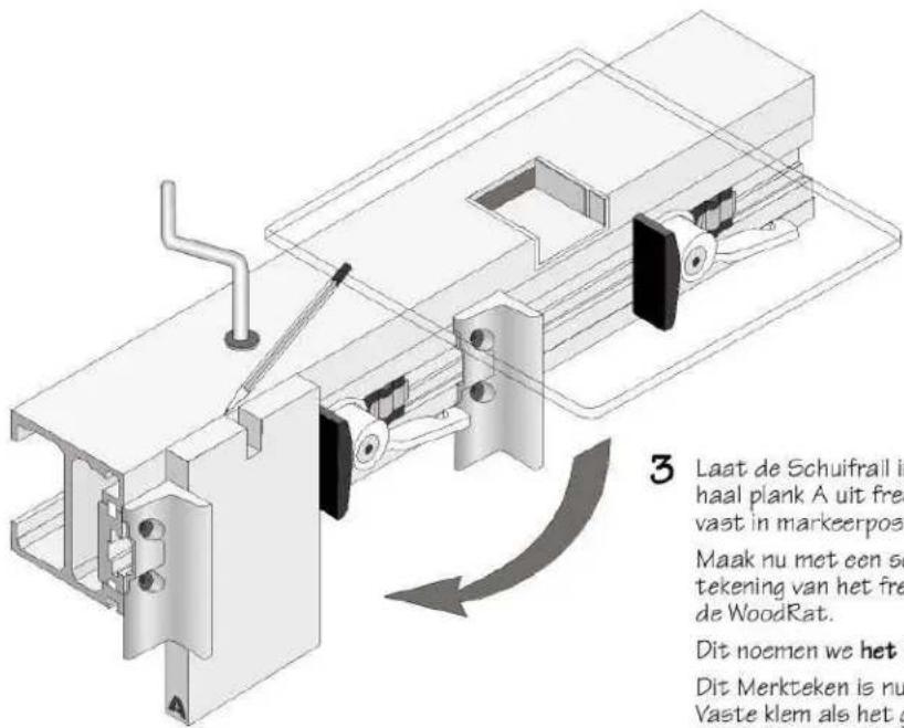 3 Laat de Schuifrail in haal plank A uit fre vast in markeerposi Maak nu met een so tekening van het fre de WoodRat. Dit noemen we het i Dit Merkteken is nu Vaste klem als het g