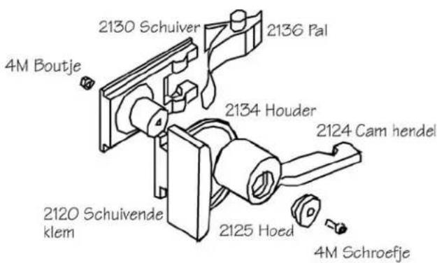 2130 Schuiver 2136 Pal 4M Boutje 2134 Houder 2124 Cam hendel 2120 Schuivende klem 2125 Hoed 4M Schroefje