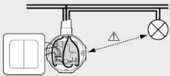 Diagram showing electrical circuit components including a switch, bulb, and indicator lights with labeled dimensions and warning symbol