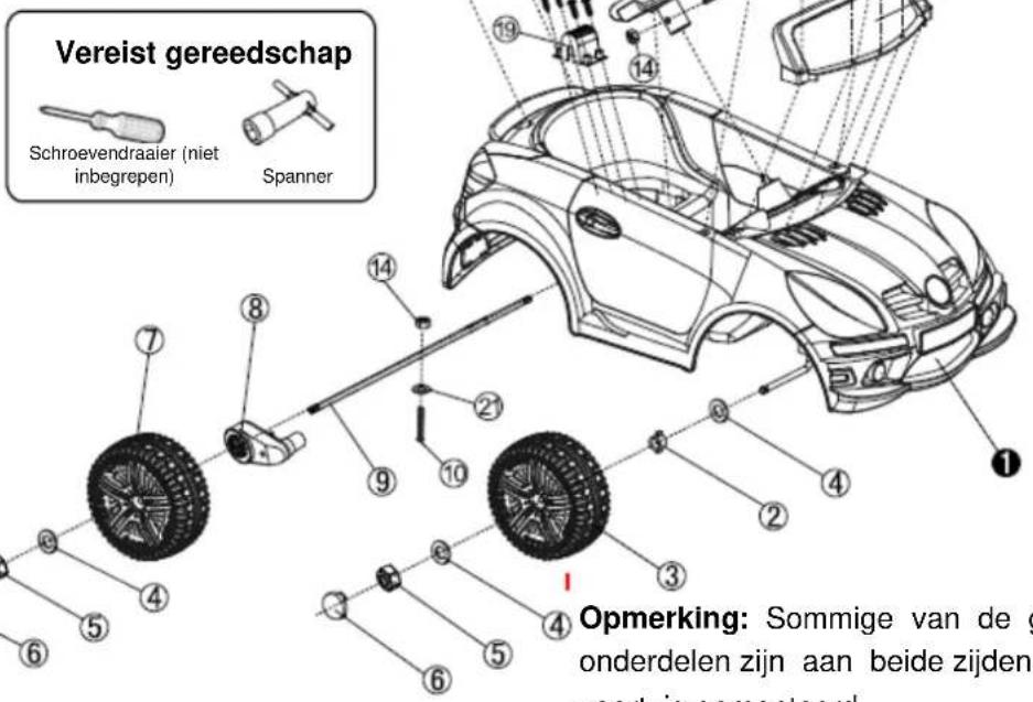 Vereist gereedschap Schroevendraaier (niet inbegrepen) Spanner Opmerking: Sommige van de g onderdelen zijn aan beide zijden voortrigomantord