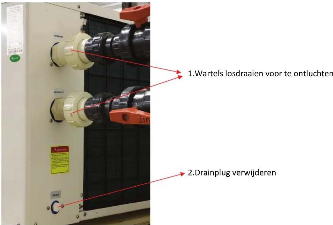1.Wartels losdraaien voor te ontluchten 2.Drainplug verwijderen