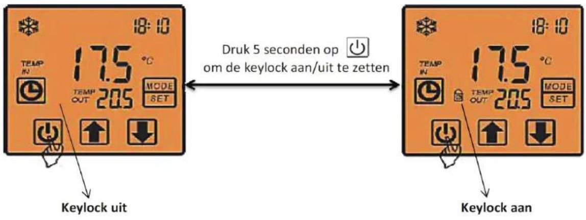 18:10 TEMP IN 17.5 °C TEMP OUT 20.5 MODE SET Druk 5 seconden op ⏻ om de keylock aan/uit te zetten Keylock uit 18:10 TEMP IN 17.5 °C TEMP OUT 20.5 MODE SET Keylock aan