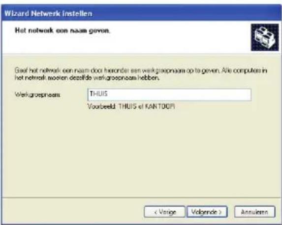 Wizard Netwerk instellen Het netwerk een naam geven. Geaf het netwerk een naam door heronder een werkgraepnaam op te geven. Alle computers in het netwerk moeten dezefde werkgraepnaam hebben. Werkgraepnaam: THUIS Voorbeeld: THUIS e1 KANTOOF < Verige Volgende > Annularen