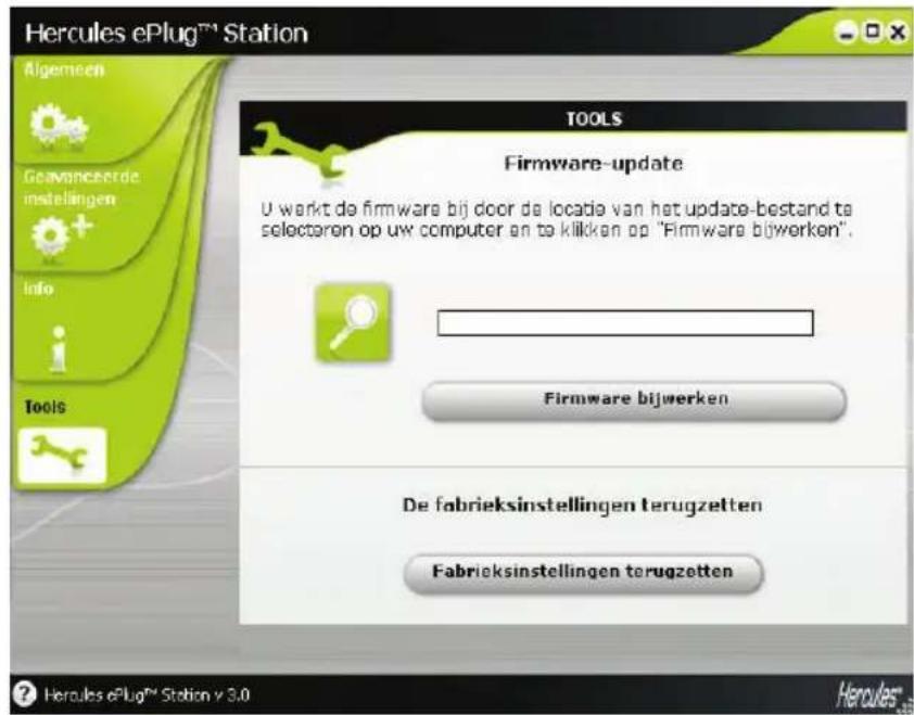 Hercules ePlug™ Station Algemeen Geavanceerde instellingen Info Tools TOOLS Firmware-update U werkt de firmware bij door de locatie van het update-bestand to selectaron op uw computer en te kiliken op "Firmware bijwerken". Firmware bijwerken De fabrieksinstellingen terugzetten Fabrieksinstellingen t…
