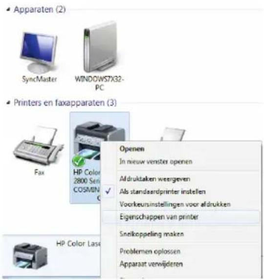 Apparaten (2) SyncMaster WINDOWS7X32-PC Printers en faxapparaten (3) Fax HP Color 2800 Seri COSMIN Openen In nieuw venster openen Afdruktaken weergeven Als standaardprinter instellen Voorkeursinstellingen voor afdrukken Eigenschappen van printer Snelkoppeling maken Problemen oplossen Apparaat verwij…