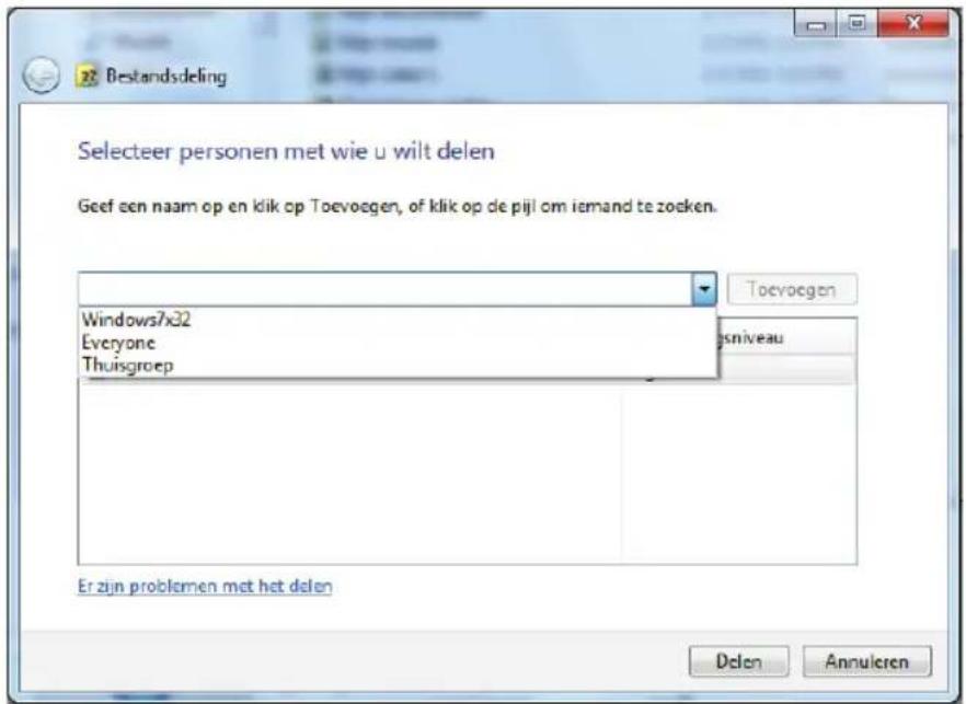 Bestandsdeling Selecteer personen met wie u wilt delen Geef een naam op en klik op Toevoegen, of klik op de pijl om iemand te zoeken. Windows7x32 Everyone Thuisgroep Er zijn problemen met het delen Delen Annulcrin