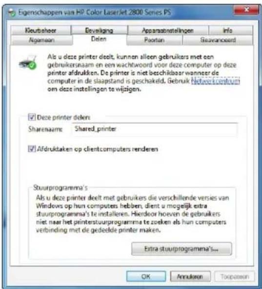 Eigenschappen van HP Color LaserJet 2800 Series PS Kleutbehoer Develaging Apparaabinstellingen Info Algamaen Delen Poortan Geavanceerd Als u deze printer deelt, kunnen alleen gebruikers met een gebruikersnaam en een wachtwoord voor deze computer op deze printer afdrukken. De printer is niet beschikb…
