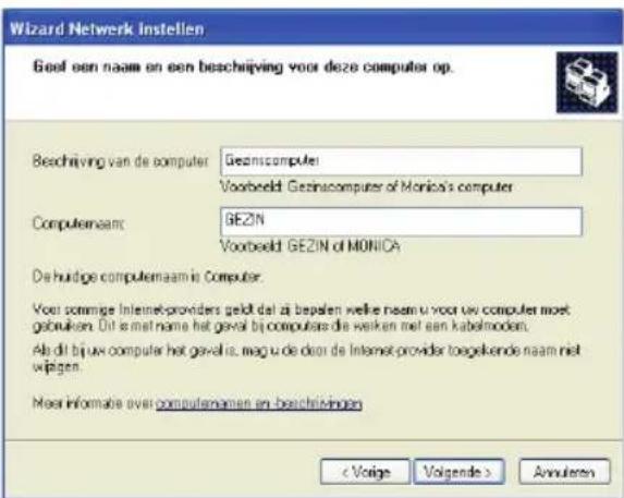 Wizard Netwerk Instellen Geef een naam en een beschrijving voor deze computer op. Beschrijving van de computer: Gezincomputer Voorbeeld: Gezincomputer of Monica's computer Computernaam: GEZIN Voorbeeld: GEZIN of MONICA De hurdige computernaam in Computer. Voer sommige Internet-providers geld dat af…