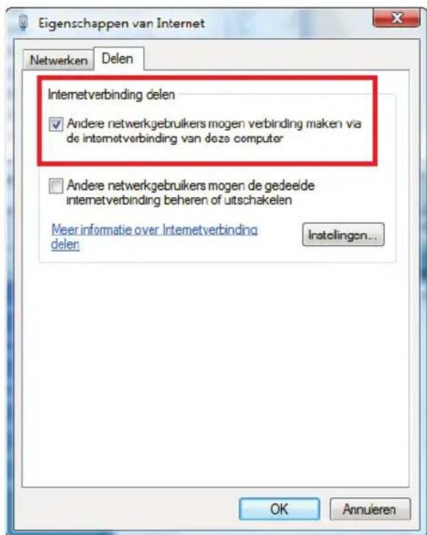 Eigenschappen van Internet Netwerken Delen Internetverbinding delen ✓ Andere netwerkgebruikers mogen verbinding maken via de intemetverbinding van deze computer ✓ Andere netwerkgebruikers mogen de gedeide internetverbinding beheren of uitschakelen Meer informatie over Intemetverbinding delen Insteli…