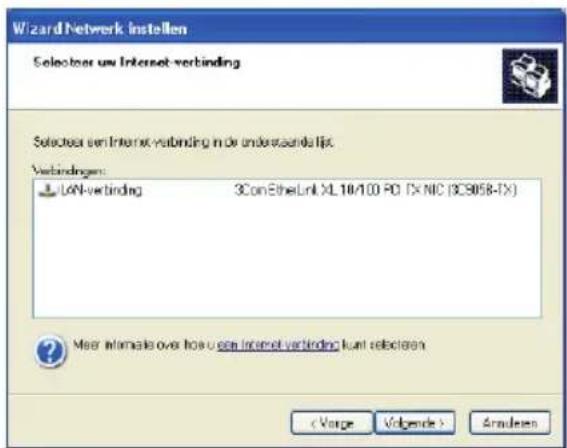 Wizard Netwerk instellen Selecteer un Internet-verbinding Selecteer un Internet-verbinding in de onderstaants list. Verbindingen: LAN-verbinding 3ConEthelLink XL10/100 PO TX NIC (CS958-IX) ? Maser informals over how to use an Internet-verbinding kunt selecieren (Varge Volgende) Anodees