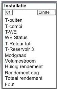 Installatie 01 Einde T-buiten T-combi T-WE WE Status T-Retour tot T-Reservoir 3 Modgraad Volumestroom Huidig rendement Rendement dag Totaal rendement Fout