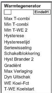 Warmtegenerator Max T-combi Min T-combi Min T-WE 2 Hysterese Hysteresetijd Seriewisseling Schakelblokkering Hyst Brander 2 Gradiënt Max Verlaging Dyn Uitschak WE Koel-Fct T-WE Koelstart